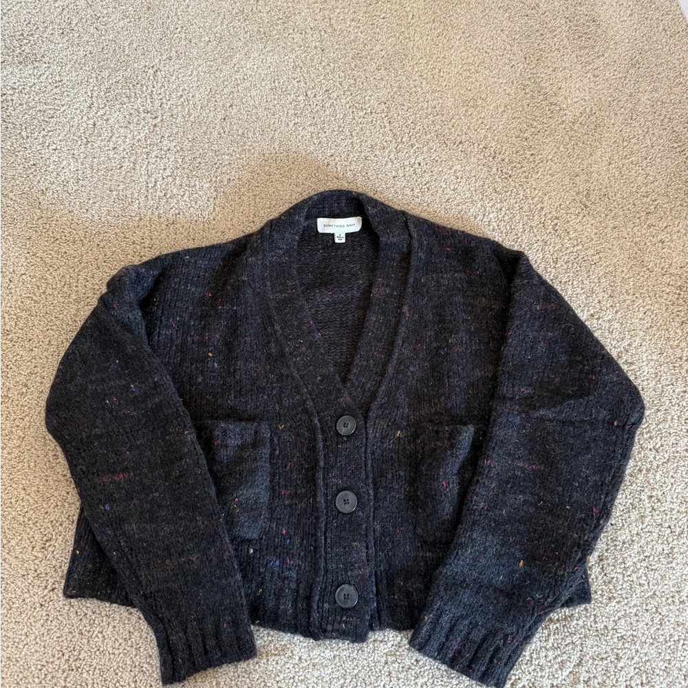 Something Navy Black Flecked Wool-Blend Button Cardigan